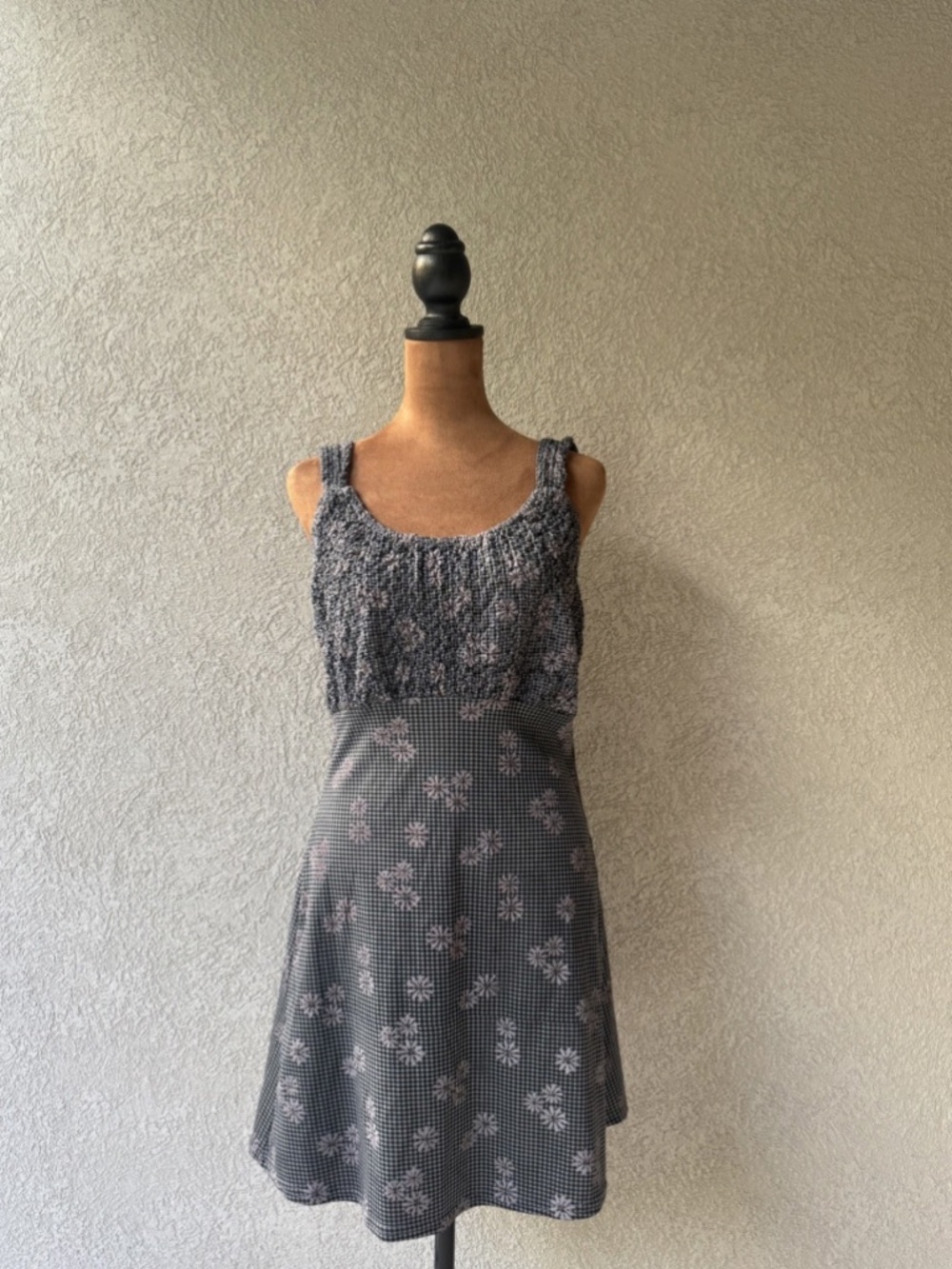 VTG Y2K 90s 2000s Black Gray Gingham Floral Smocked Flower Summer Dress S